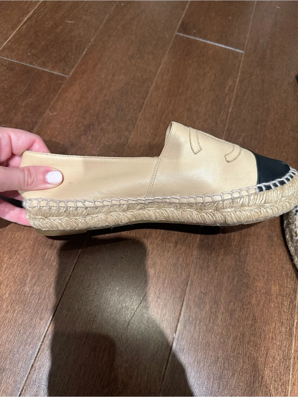 CHANEL Beige Leather Espadrilles with Black Cap Toe Size 36